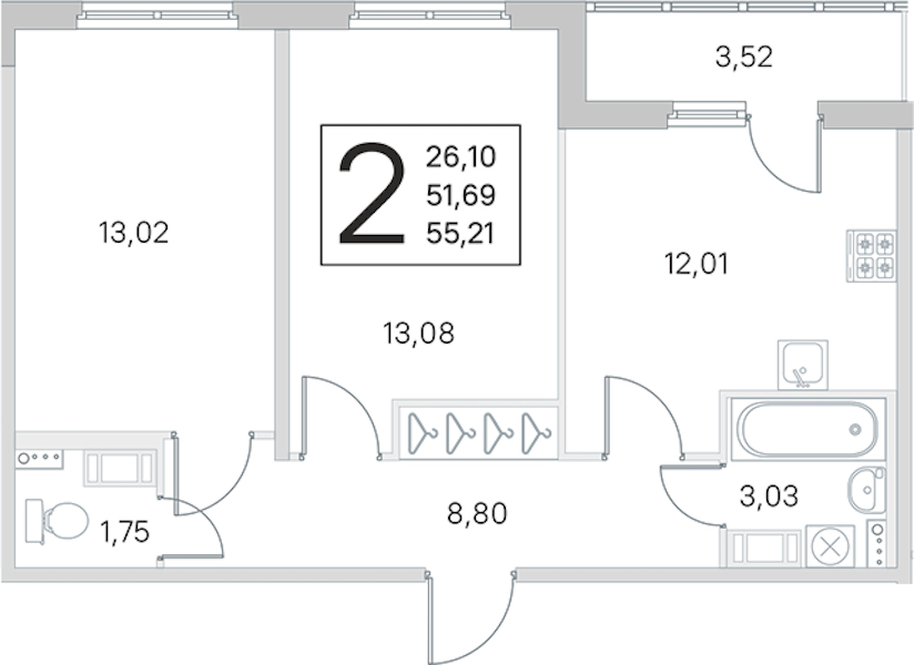 2-комнатная квартира 51.69 м², 2/4 эт., ЖК «Любоград в Стрельне»
